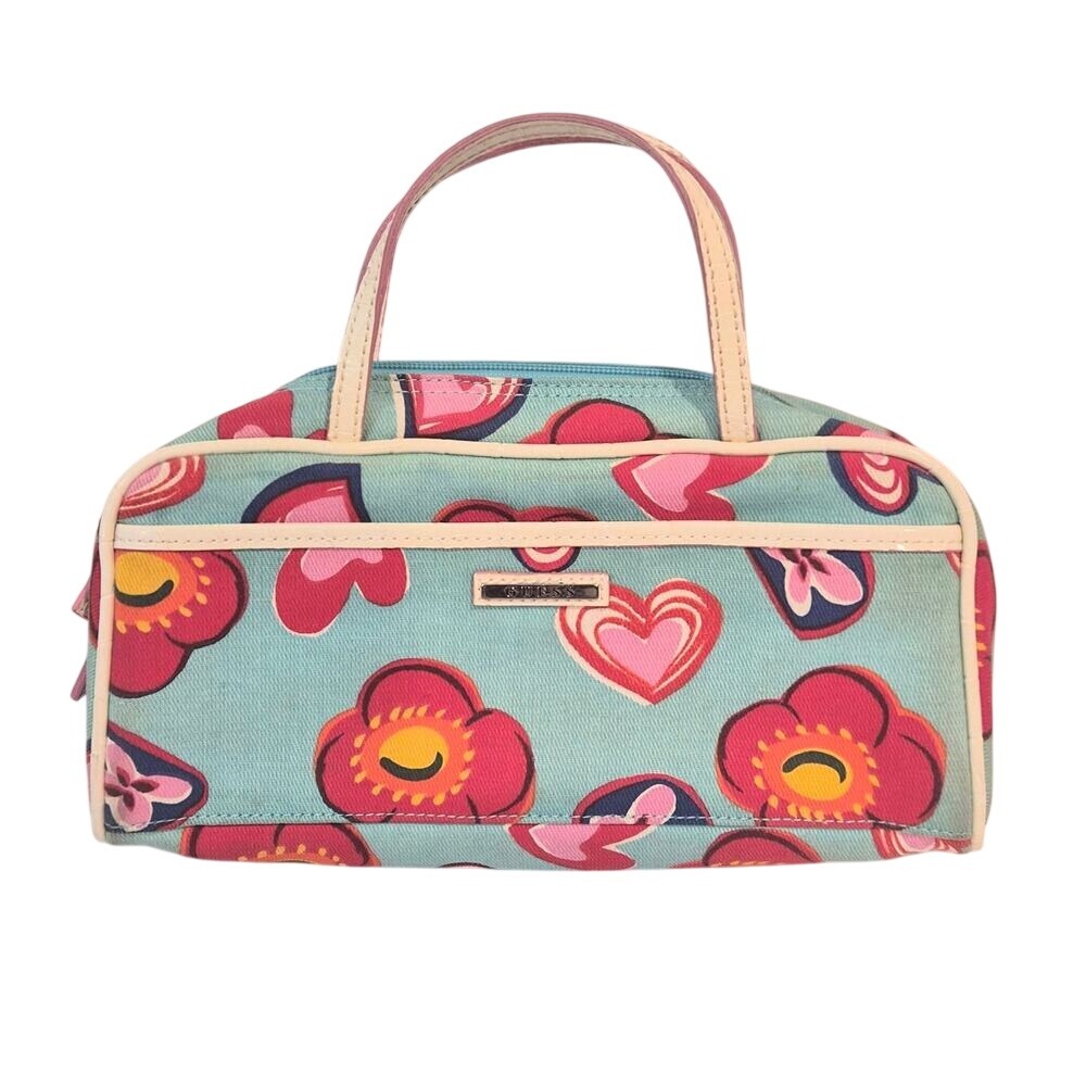 Guess Vintage Y2K Mini Handbag Blue Canvas Pink Heart Floral Print Croc Trim
